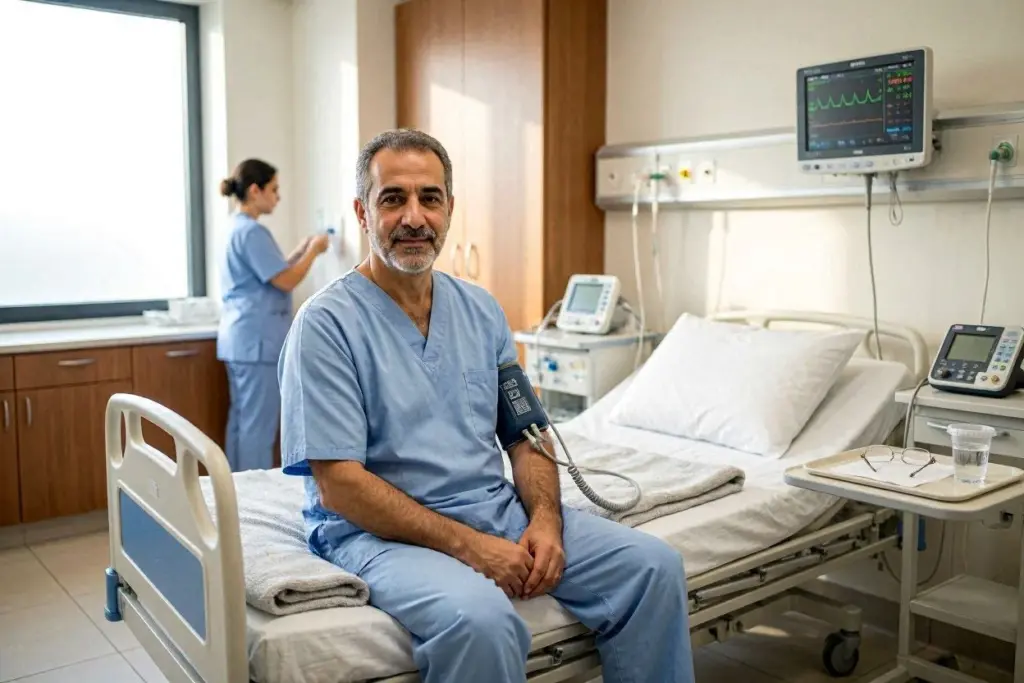رجل يجلس على سرير المستشفى