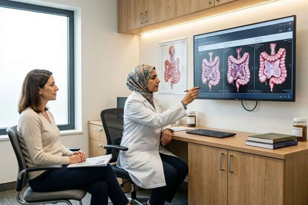 امرأة تتحدث مع طبيبة حول الجهاز الهضمي