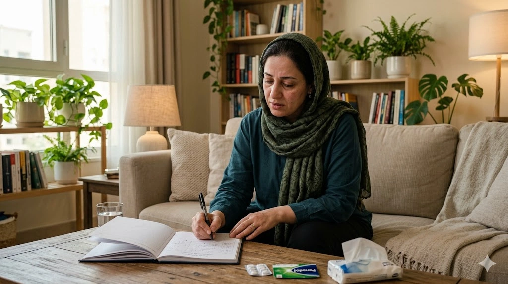 امرأة تدون الأعراض التي تشعر بها