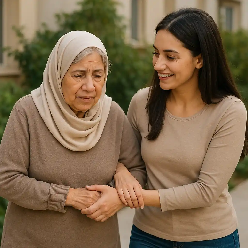 ابنة تساعد والدتها الكبيرة في السن