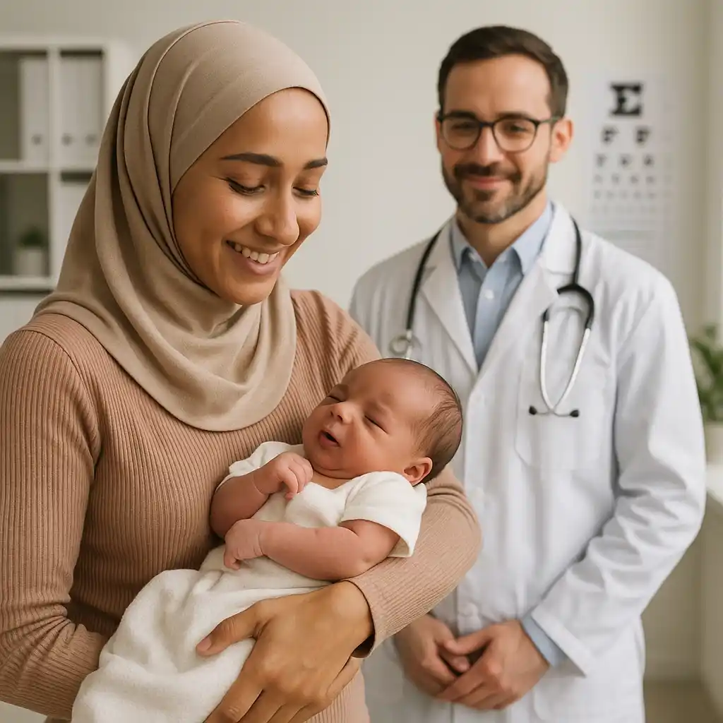 أم تحمل طفل حديث الولادة في عيادة طبيب