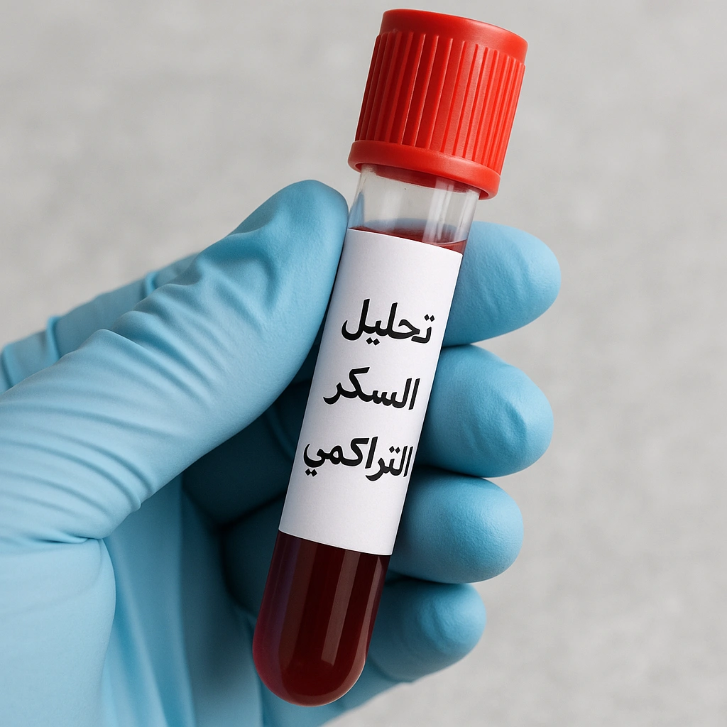 أنبوبة اختبار بها عينة دم مكتوب عليها تحليل السكر التراكمي