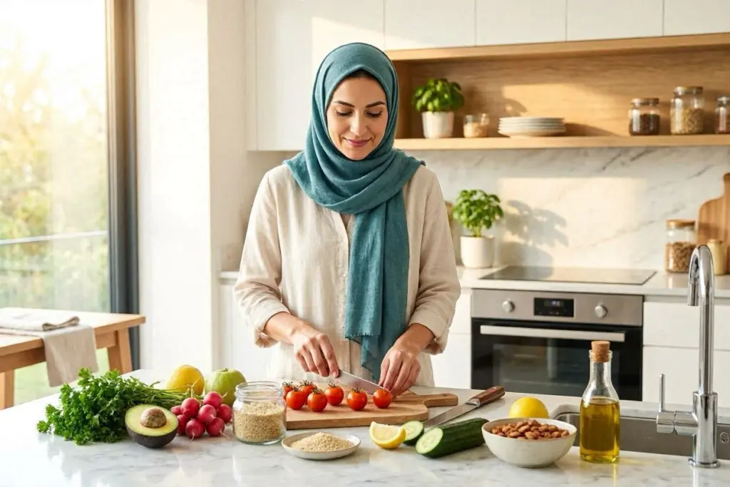 امرأة تحضر وجبة طعام صحية