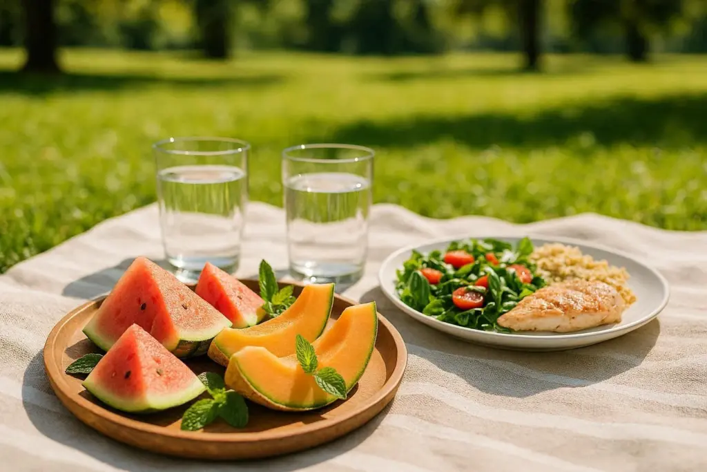 وجبة صحية وطبق من البطيخ والشمام المقطع