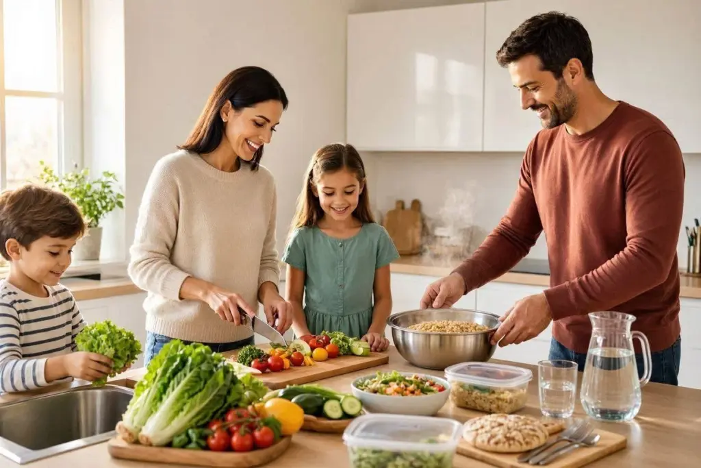 عائلة تعد الطعام في المطبخ