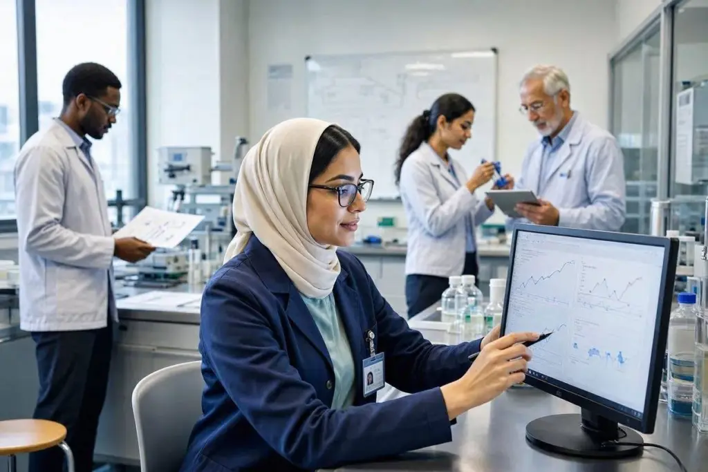 مجموعة علماء يعملون في مختبر