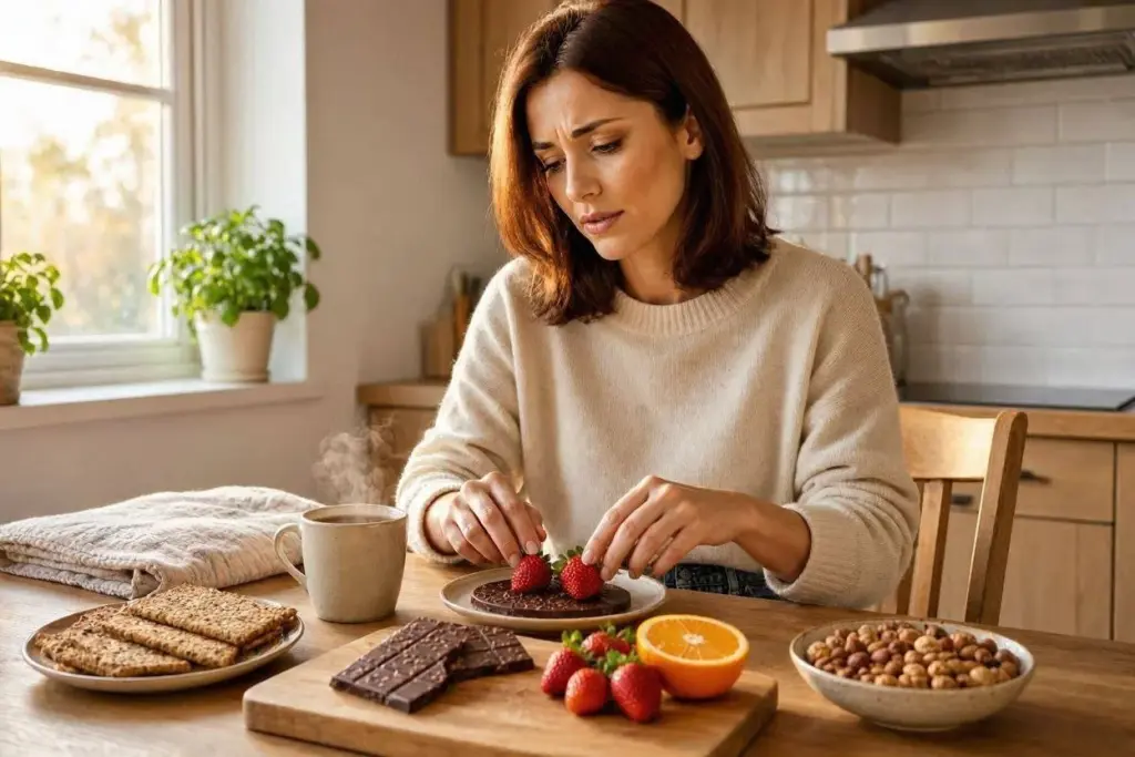 امرأة شابة تحضر شوكولاته مع فواكه