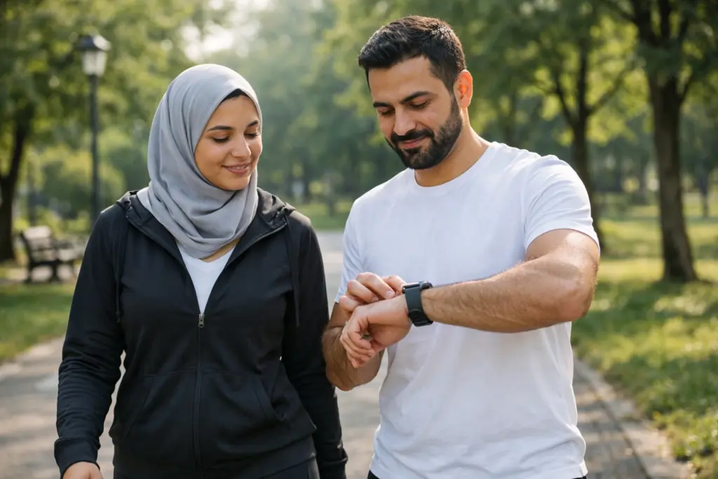 زوجان يمشيان والرجل ينظر إلى ساعته