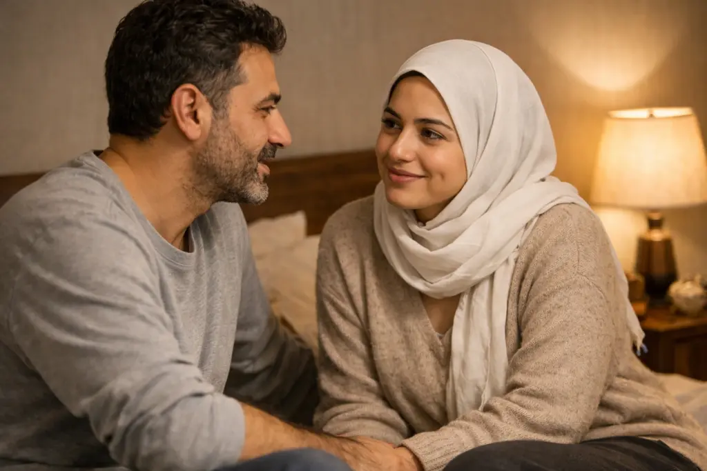 زوجان يتحدثان معًا بهدوء