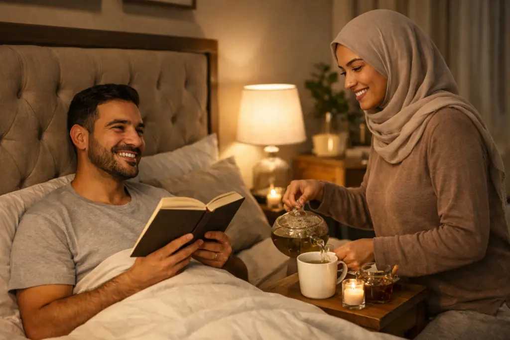 زوجان يقضيان وقتًا هادئًا قبل النوم