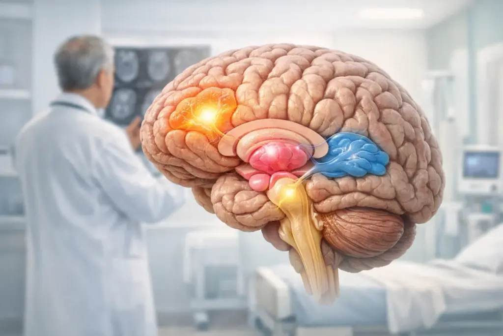 صورة للدماغ مع مناطق مضاءة بألوان مختلفة