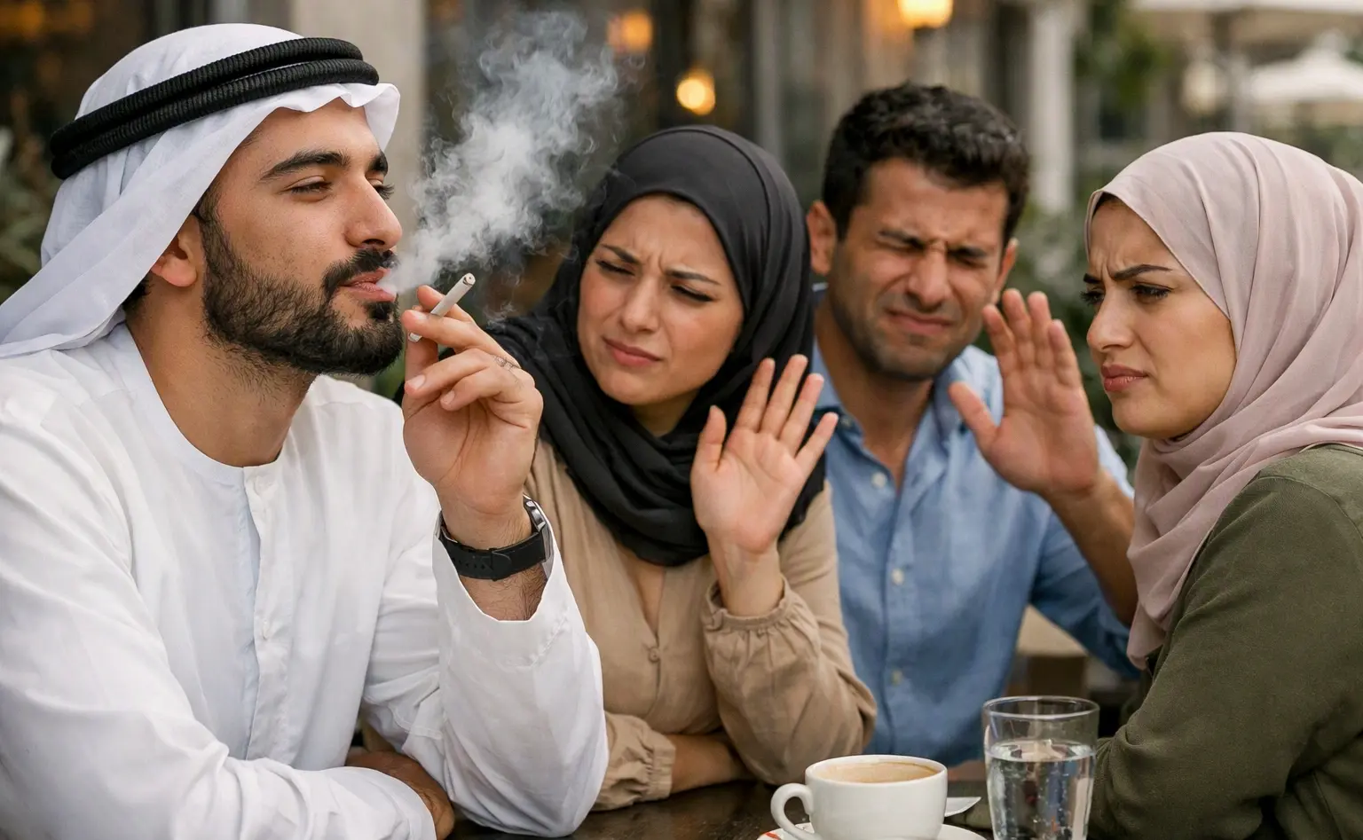 شخص يدخن والاشخاص حوله منزعجين