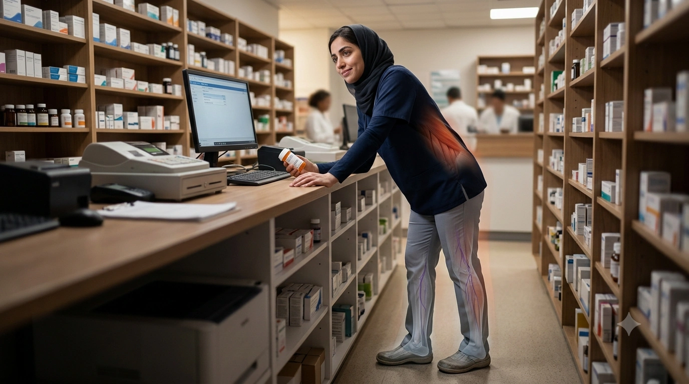 امرأة تعمل في بيئة العمل التي تتطلب الوقوف لمدة طويلة