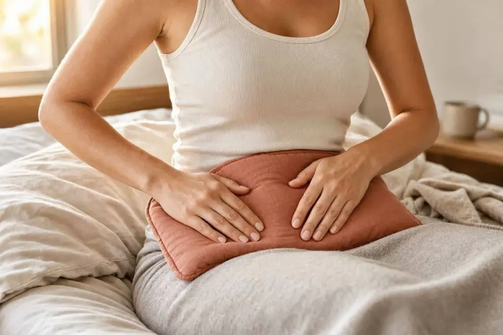 امرأة تستخدم الكمادات الساخنة على بطنها